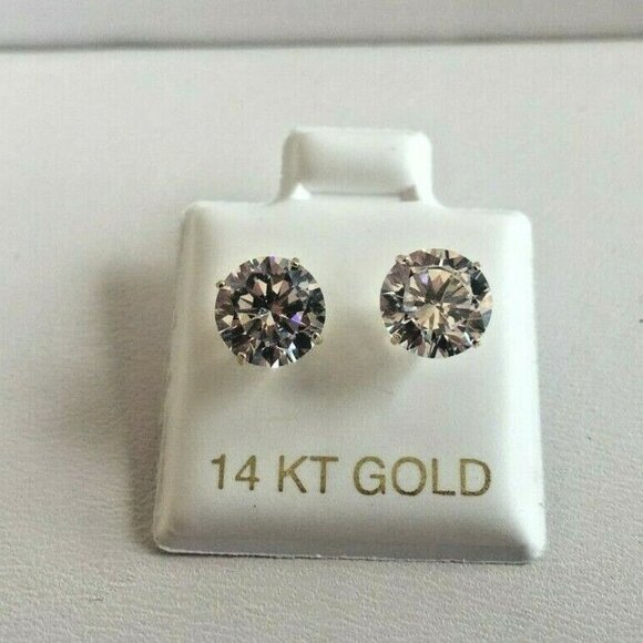 14K SOLID YELLOW GOLD STUD EARRINGS W/ 4 CARATS ROUND SIMULATED DIAMONDS - Picture 3 of 6